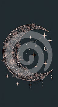 An intricately designed crescent moon adorned with floral patterns in a rose-gold hue photo