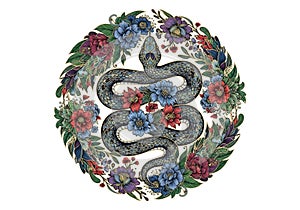 An intricately designed illustration featuring a coiled snake with a