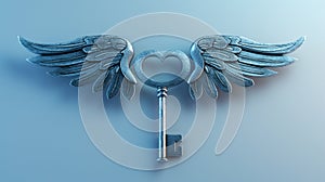 An intricately designed key with heart-shaped handle and angel wings, rendered in metallic blue on a soft blue background