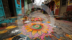Intricately designed rangolis made out of colorful powders adorn the entrance of houses and streets