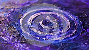 An intricately designed Reiki symbol painted on a canvas using vibrant shades of purple and blue. The symbol radiates