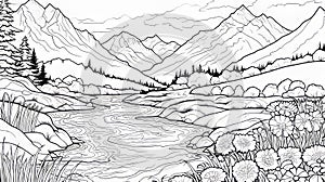 Intricately Detailed Black And White Hand-colored Mountain River Drawing