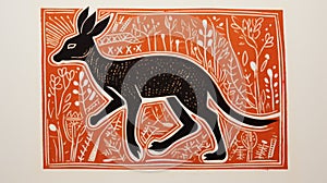 Intricately Detailed Linocut Print Of Running Animal In Australian Landscape