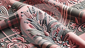 intricately embroidered pink and gray floral fabric design photo