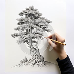 Intricately Sculpted Pencil Drawing Of A Whimsical Yew Tree photo