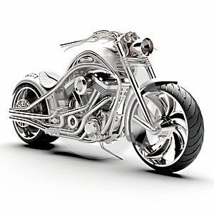 Intricately Textured Chrome Motorcycle On White Background