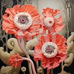 Intricately Textured Paintings Of Three Red Poppies In The Forest