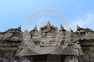 Intrigue carvings of Plaosan temple wall in Java. Taken in July 2022