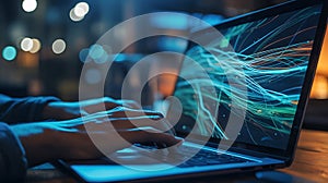 Close up of hands using a laptop displaying data visualization in a dark setting