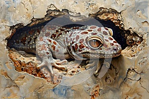 Intriguing Close Up of a Spotted Gecko Lurking in a Natural Rocky Crevice Wildlife in Detail