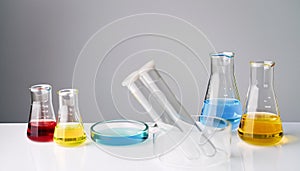 Laboratory glassware with colorful liquids on white table against grey background