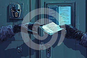 Secure Document Exchange Depicting Two Gloved Hands With Encrypted Digital Interface