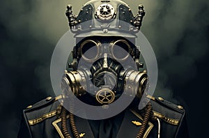 Intriguing Man gas mask steampunk. Generate Ai