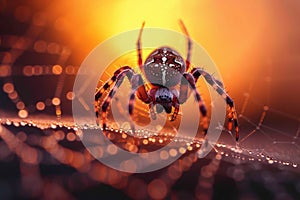 Intriguing moment a spider traverses a dew covered web during sunset