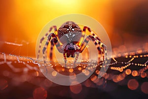 Intriguing moment a spider traverses a dew covered web during sunset