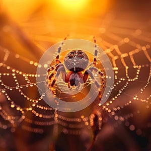 Intriguing moment a spider traverses a dew covered web during sunset