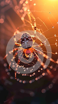 Intriguing moment a spider traverses a dew covered web during sunset