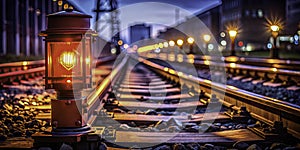 Intriguing Night Photography of a Railway Shunting Light Industrial Architecture and Railroad Crossing Details photo