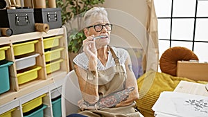 Intriguing scene at art school, elderly grey-haired woman artist pensively sitting at a table, doubting her next brush stroke in