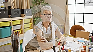 Intriguing scene at art school, elderly grey-haired woman artist pensively sitting at a table, doubting her next brush stroke in