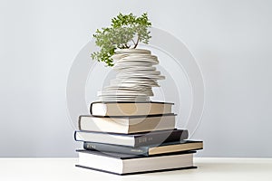 Intriguing spiral stack of books against a white backdrop. Generative AI