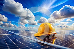 Intriguing TiltShift Perspective Engineering Cap on Solar Panel Amidst a Sky of Delicate White Clouds Unveiling a