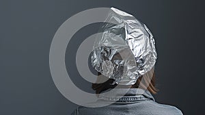 Intriguing world of conspiracy, image of a person wearing foil on the head. curiosity, skepticism, or even humor surrounds this