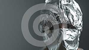 Intriguing world of conspiracy, image of a person wearing foil on the head. curiosity, skepticism, or even humor surrounds this