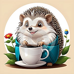 Introducing our new premium tea and coffee label featuring a charming anthropomorphic cute cartoon hedgehog!