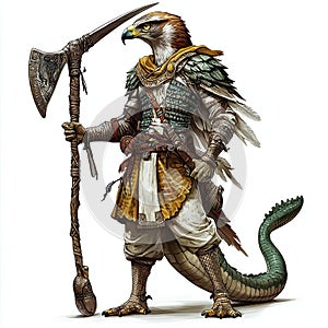 Hero with a hawk s torso and a crocodile s tail, holding an ancient scythe, all objects are in background, white background photo