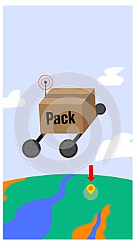 Introductory illustration of the pack using drone technology. Cardboard box pack sent to the location of the GPS sign. eps10 photo