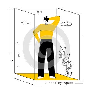 Introvert, antisocial persons need personal space, zone and prefers to spend time alone. Vector illustration with