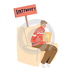 Introvert boy sitting and reading book. Young male with introverted mindset and temperament