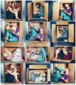 Introvert concept. Collage of man and women sitting inside box