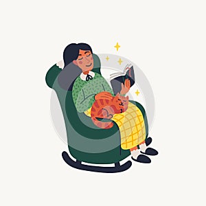 Introvert. Extraversion and introversion concept - young woman sitting in an armchair with a book and cat on her laps