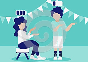 Introvert and extravert talking at the party, introvert want to go home, low energy battery photo