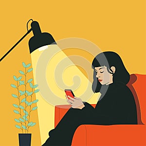 Introverted Girl Using Phone Vector - Social Media Character Art for Modern Lifestyle Themes photo