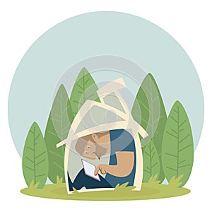 Introverted man alone isolated inside his small home vector illustration