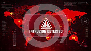Intrusion detected alert warning attack on screen world map.