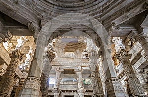 Intside of Jain Ranakpur Temple, Udaipur or white city, Rajasthan, India. Marble stone carving