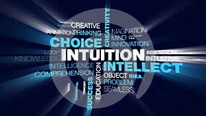 Intuition intellect choice creativity acumen decision brain business awareness success insight animated word cloud