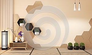 IntWooden Hexagon shelf and wooden hexagon tiles design on japan ryokan design tatami mat and wooden wall with decoration japanese