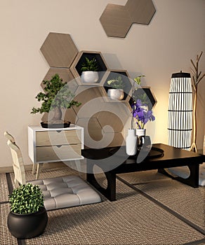 IntWooden Hexagon shelf and wooden hexagon tiles design on japan ryokan design tatami mat and wooden wall with decoration japanese