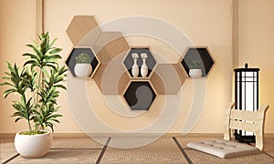 IntWooden Hexagon shelf and wooden hexagon tiles design on japan ryokan design tatami mat and wooden wall with decoration japanese