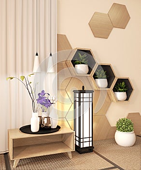 IntWooden Hexagon shelf and wooden hexagon tiles design on japan ryokan design tatami mat and wooden wall with decoration japanese