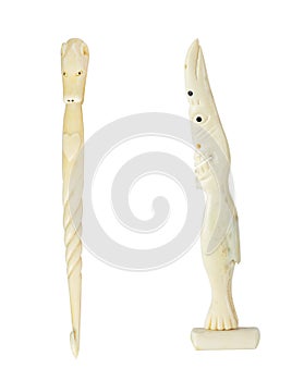 Inuit carvings made of walrus ivory and bone, tupilaq