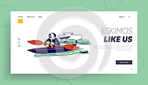 Inuit Esquimau Fishing Landing Page Template. Eskimo Male Character in Traditional Warm Clothing Floating on Kayak photo