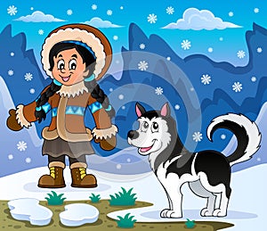 Inuit girl with Husky dog photo