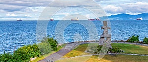 Inukshuk at English Bay, Downtown Vancouver, BC, Canada.