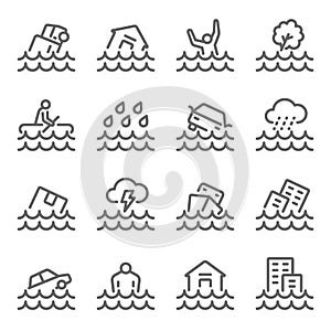 Inundation icon illustration vector set. Contains such icon as Rain, Car Drowning, Raining, Building drowned, Sink, Flooding, Sunk